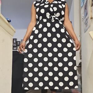 Elegant Black and White Polka Dot Midi Dress